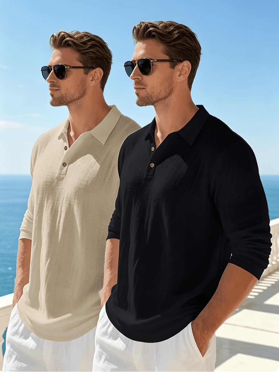 Men'S Textured Collar Button Polo Shirt, Regular Breathable Casual Outdoor Sports Versatile Top, 2pcs Set - Khaki + Black