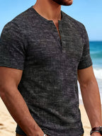 [Qiaoximei And Henry Collar/Henley Shirt] Men'S Retro Summer Short Sleeve Henley Shirt - Casual Daily Wear - Beach Hawaiian Style - Vacation Short Sleeve - Dark Gray