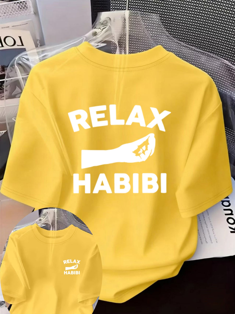 Front And Back Printed Women'S Fashion Base Print T-Shirt, Soft And Versatile, Casual Style Printed Pattern with RELAX HABIBI Lettering And Hand Gesture Design Printed Short Sleeve T-Shirt, Suitable for Casual Wear, Fashion All-Season Top - Bright Yellow