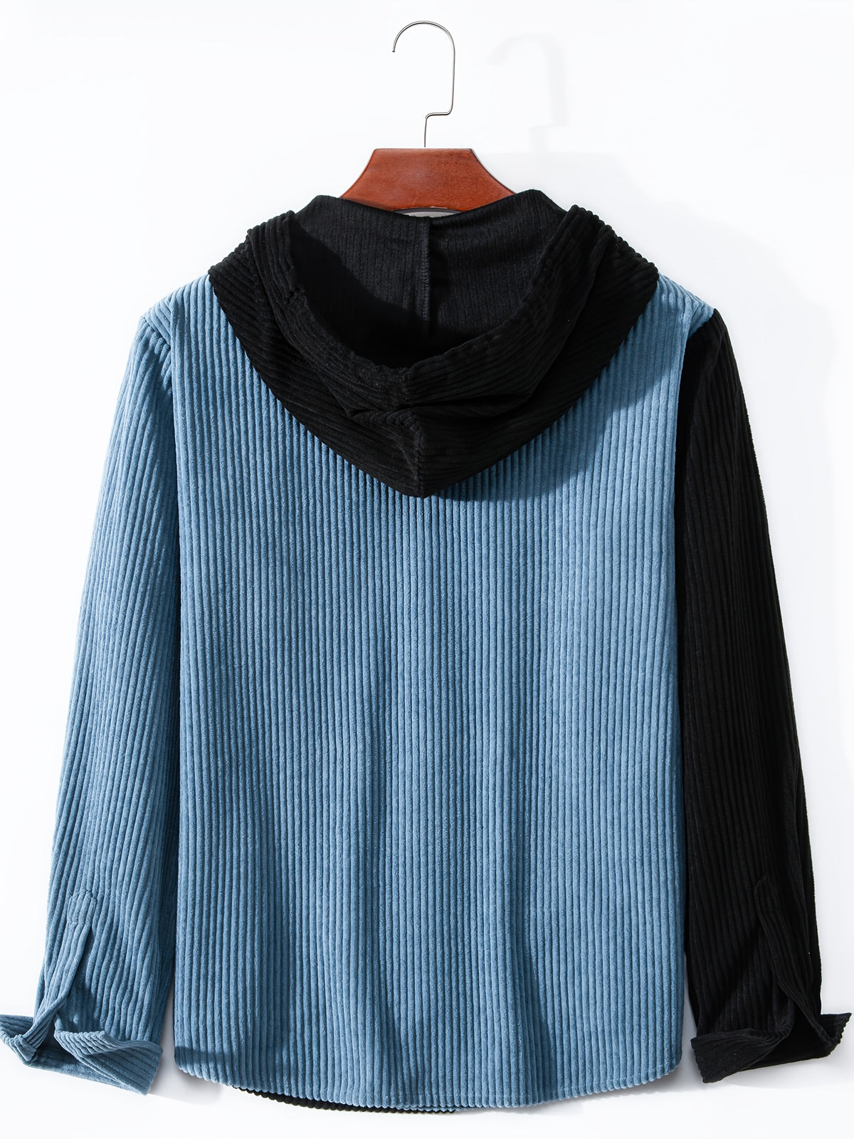 Men's Solid Color Patchwork Spring-Autumn Fashion Long-Sleeved Hooded Shirt Sweater Coat - Sky Blue