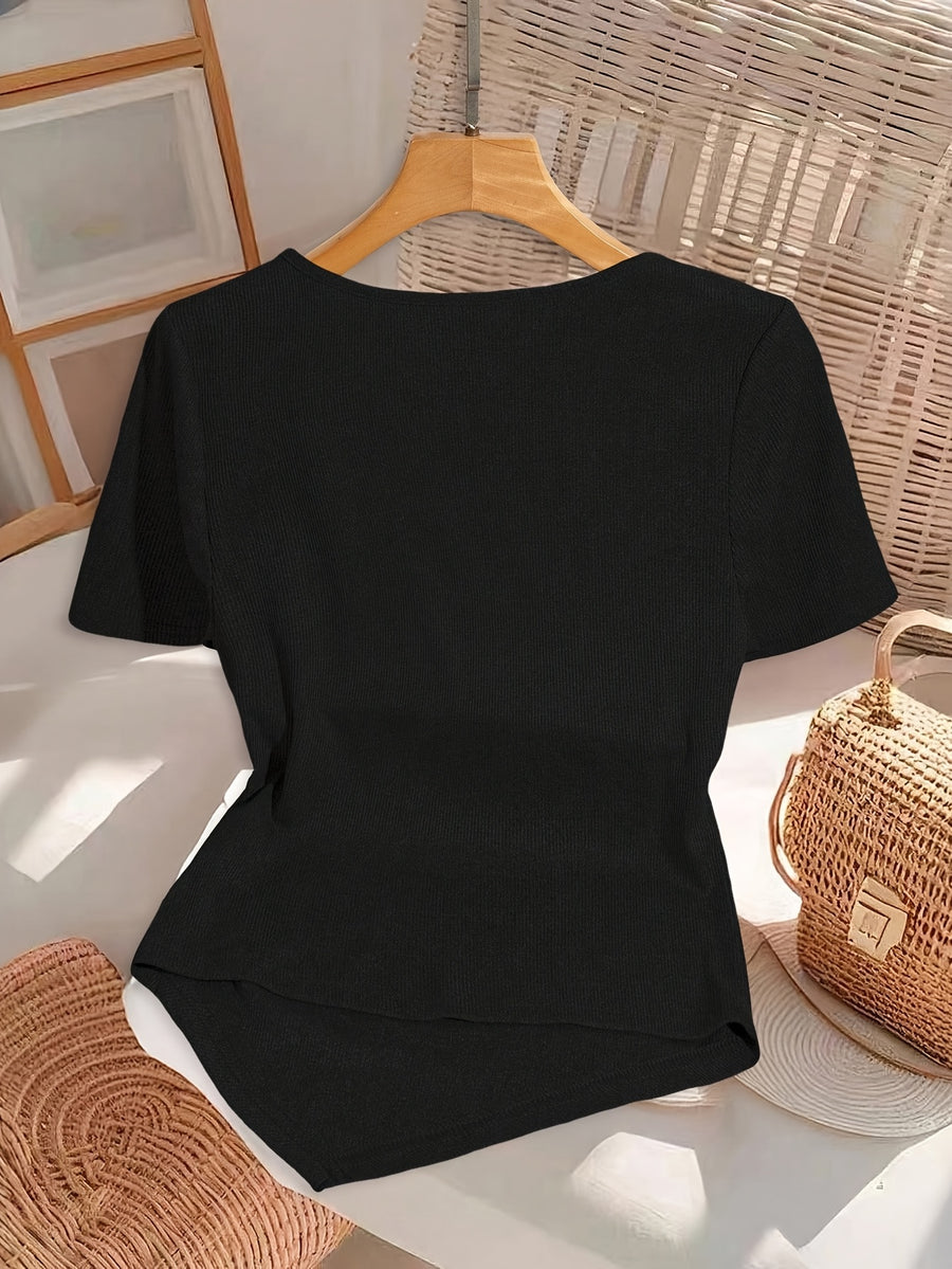 Women's Elegant Casual Asymmetrical Bow Detail T-Shirt - Soft Round Neck Top, Machine Washable All-Season Versatile Shirt for Casual Attire - Black