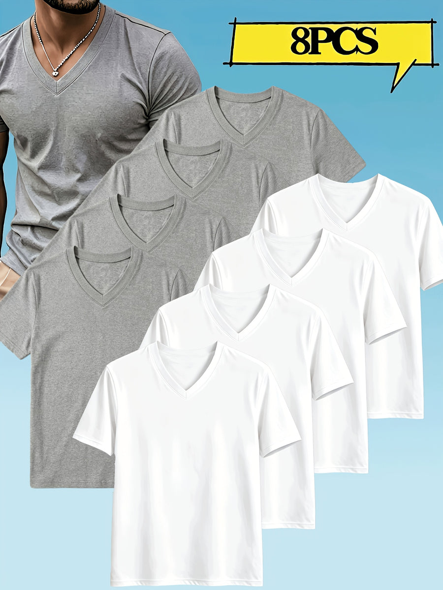 8pcs Men's Casual Knit Ribbed V-Neck T-Shirt / Soft and Comfortable Fabric / Short Sleeve / Solid Color / Crew Neck / Back-to-School Season, Casual Sporty Design Top, Multiple Colors Available, Suitable for Summer Daily Wear - 4 white + 4 light gray
