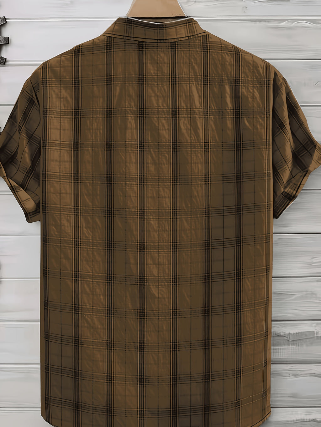 Men's Summer Casual Texture Checkered Short Sleeve Loose Fit Outdoor Trendy Fashion Front Closure Flap Collar Shirt - Coffee Color