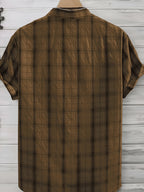 Men's Summer Casual Texture Checkered Short Sleeve Loose Fit Outdoor Trendy Fashion Front Closure Flap Collar Shirt - Coffee Color