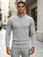 American-style Heavyweight Men's Knit Vintage Stretch Textured Pattern Casual Loose Fit Versatile Commuter Long-Sleeve Henley Shirt - Grey