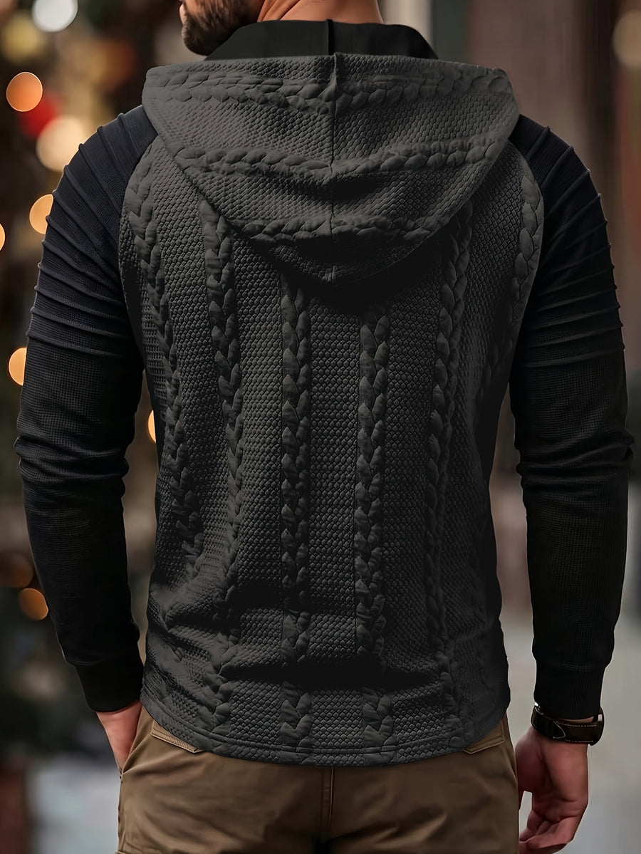 ROYALBOY Textured Jacquard Fabric Contrast Color Pleated Ribbed Sleeves Drawstring Design Fashionable Outdoor Casual Hooded Sportswear Top, Autumn Menswear - Grey