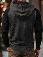 ROYALBOY Textured Jacquard Fabric Contrast Color Pleated Ribbed Sleeves Drawstring Design Fashionable Outdoor Casual Hooded Sportswear Top, Autumn Menswear - Grey
