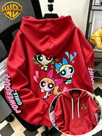 [Warner Bros] Officially Licensed Cute Powerpuff Heart Pattern Print Hoodie - Men'S Fashion Sweatshirt, Adjustable Drawstring Loose Comfortable Hoodie, Suitable for Daily And Outdoor Wear, Perfect Choice for Warmth in Autumn And Winter! Unisex - Red