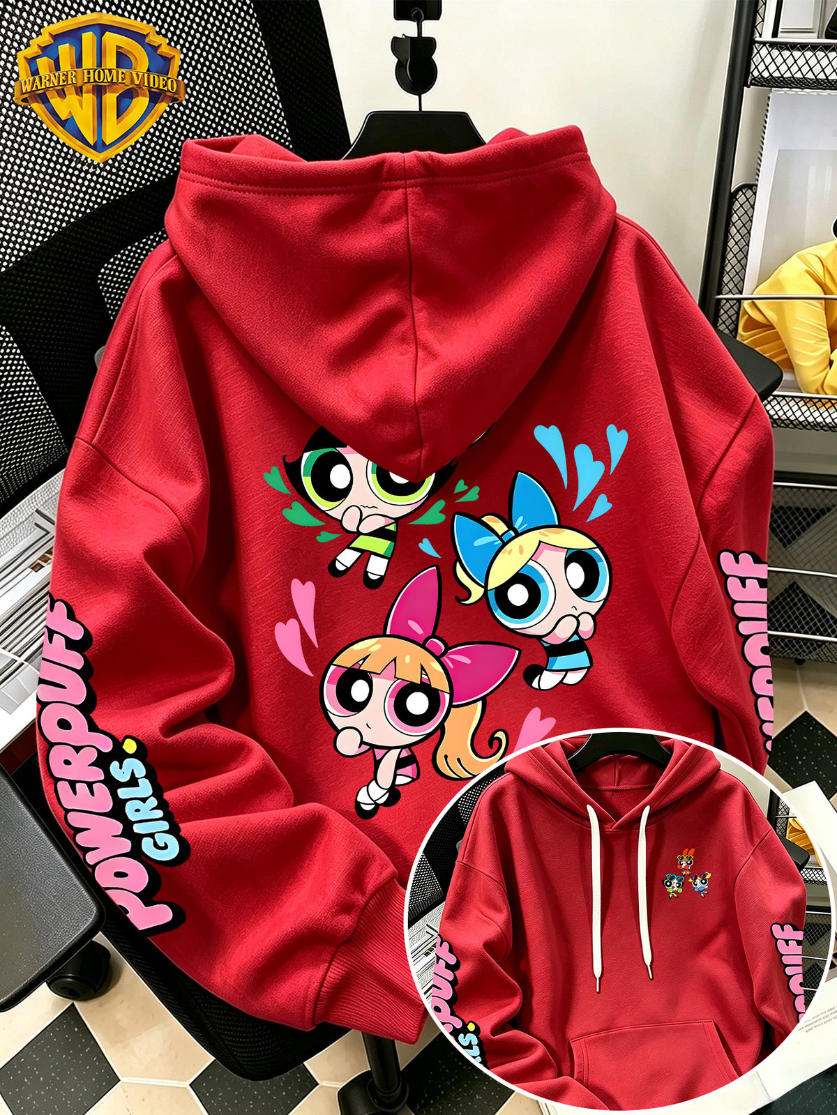 [Warner Bros] Officially Licensed Cute Powerpuff Heart Pattern Print Hoodie - Men'S Fashion Sweatshirt, Adjustable Drawstring Loose Comfortable Hoodie, Suitable for Daily And Outdoor Wear, Perfect Choice for Warmth in Autumn And Winter! Unisex - Red