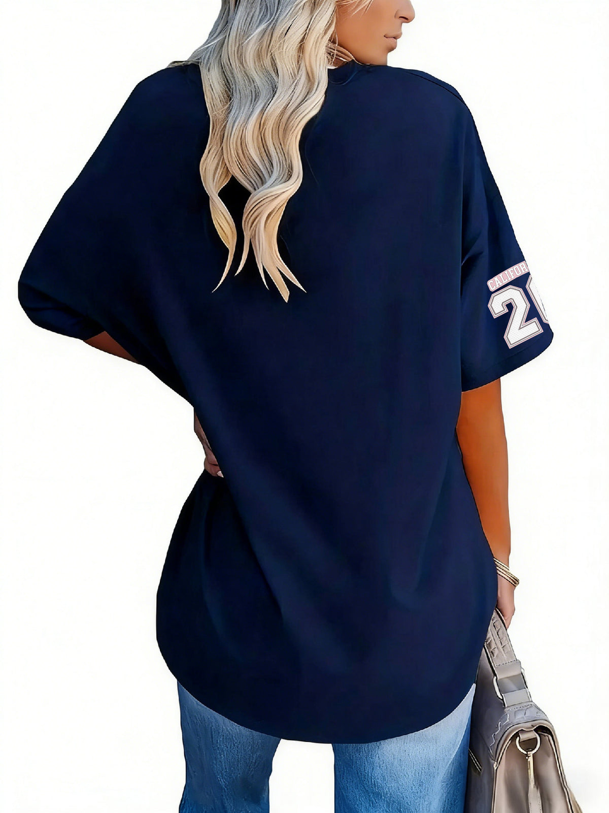 Women'S Fashion V-Neck Tee Featuring Relaxed Drop Shoulders - Navy Color