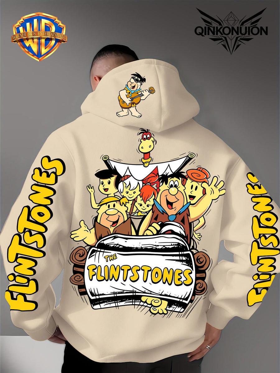 Warner Official Men's Hoodie, Stone Age Family Travel Happy Nostalgic Print Design, Machine Washable, Warm and Casual for Autumn and Winter Daily Drawstring Hoodie, Multi Functional Sports and Leisure Loose Fit - Apricot