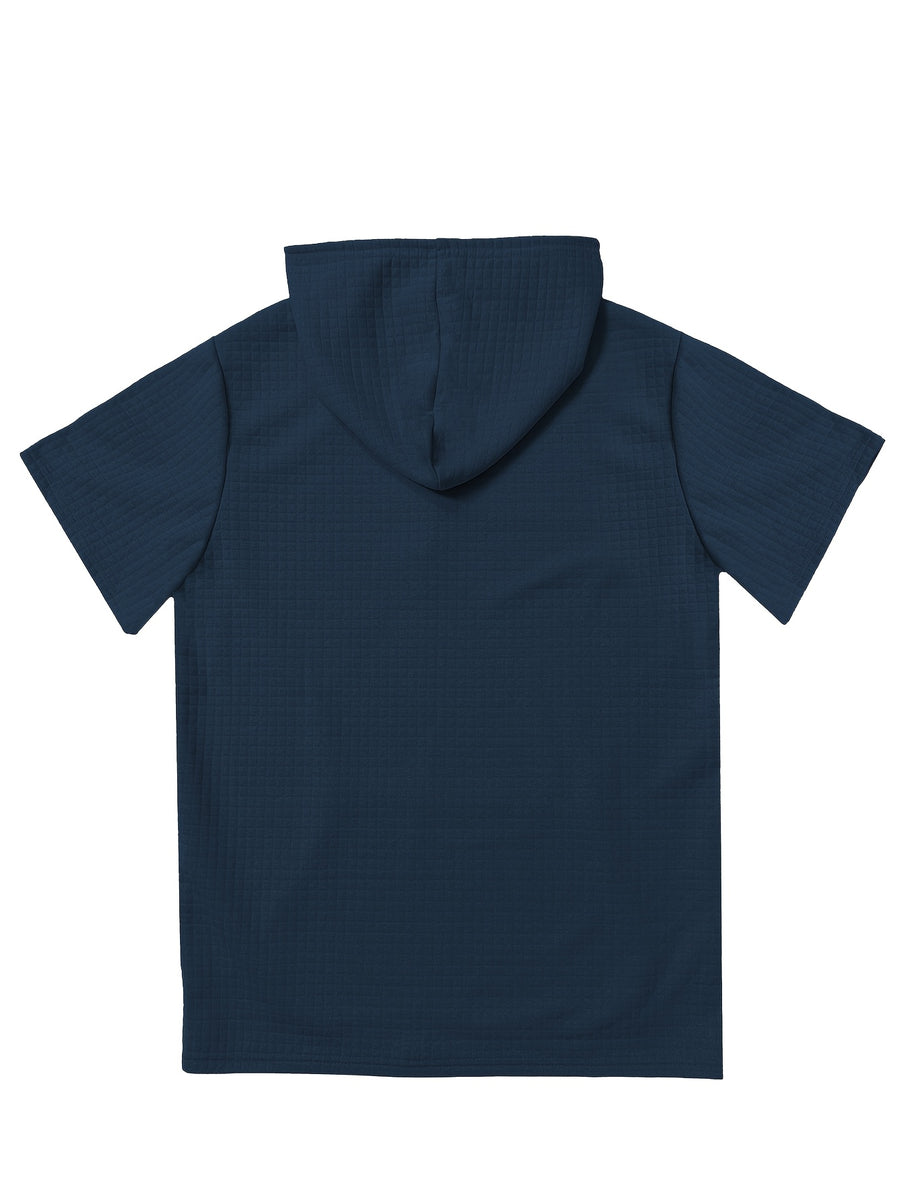 2pcs Men's Waffle Knit Short-Sleeve Hoodie with Kangaroo Pocket, Soft and Breathable Fabric, Multiple Color Options, Versatile, Simple, Stylish, and Casual for Daily Wear or Sports, a Great Choice for Holiday Gifts for Fathers, Partners, and Friends - Navy Blue + Orange Red