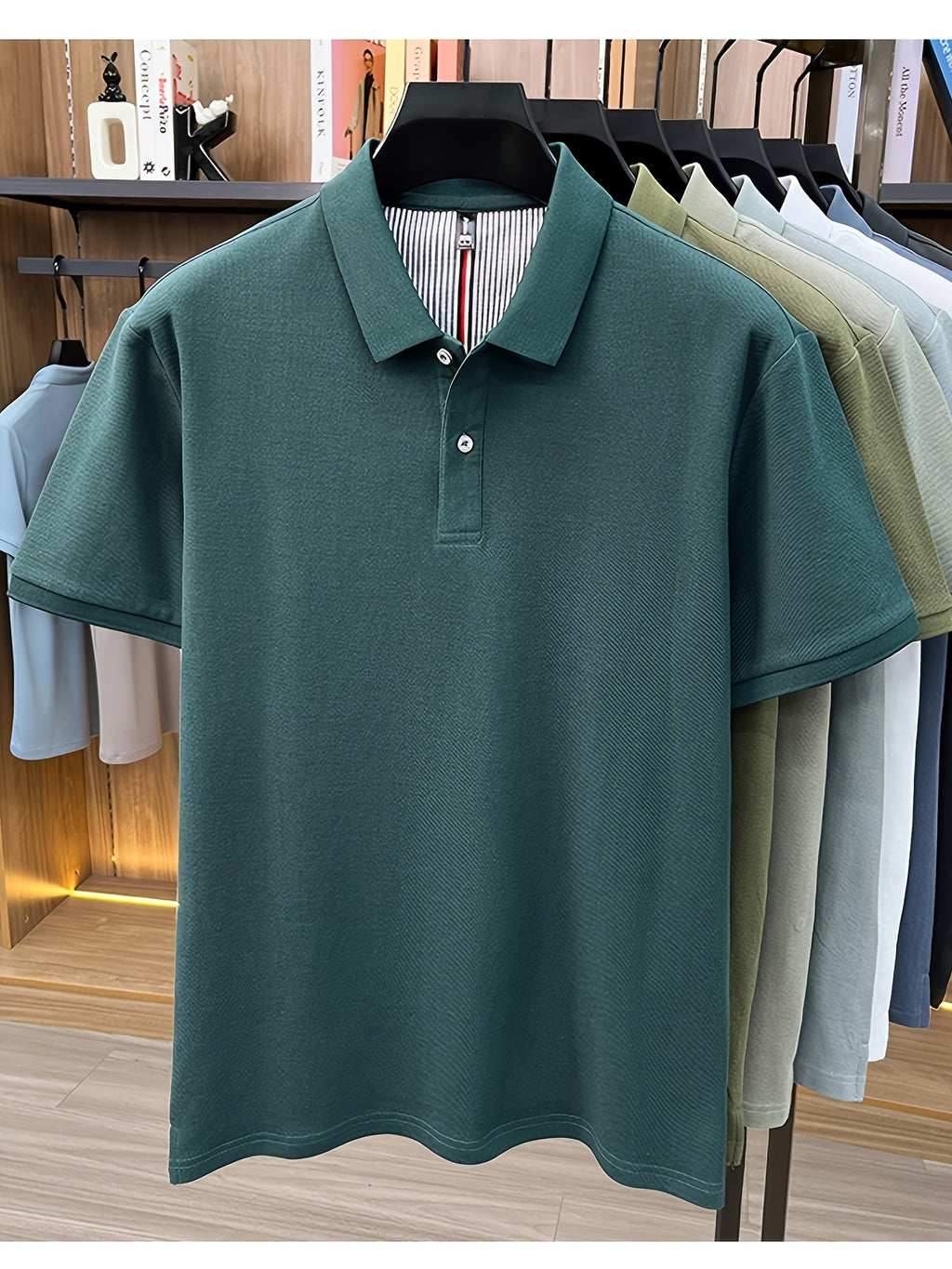 Men's Multi-Color Summer Pearl-Spun Mesh Long-Sleeve Polo Shirt with Contrast Lining and Lapel, Solid Color Simple Design, Skin-Friendly and Breathable, for Business Commuting, Daily Outings, Fishing Leisure, Mid-Life Men's Top - Dark Green