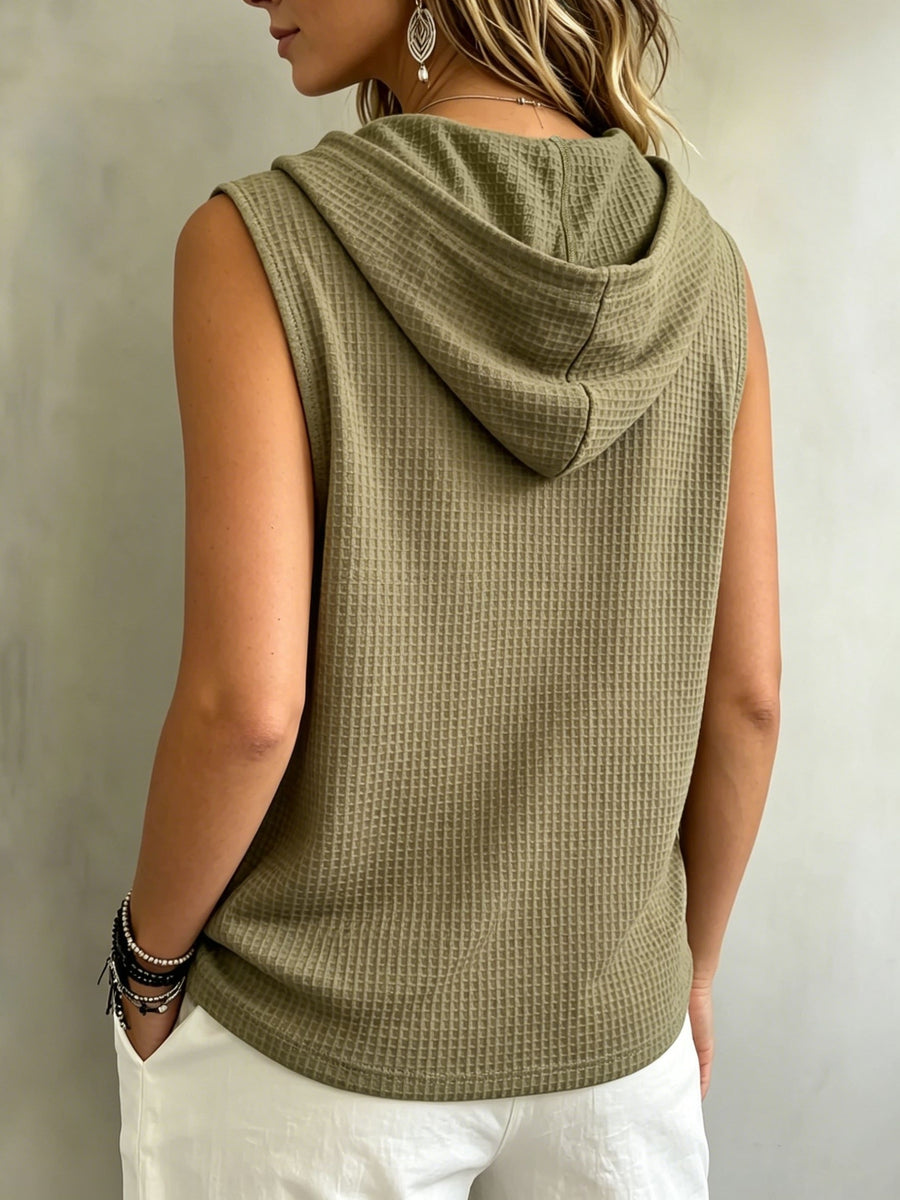 Hooded Sleeveless Sweatshirt with a Casual Solid-color Drawstring Design, New for Summer, Suitable for Casual Daily Wear, Outings, Commuting, S, and Various Informal Occasions - Khaki