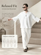 Men's Casual Shirt, New Linen V-Neck Casual Shirt for Daily Wear, Three-Quarter Sleeve Design, Suitable as a Gift! - White