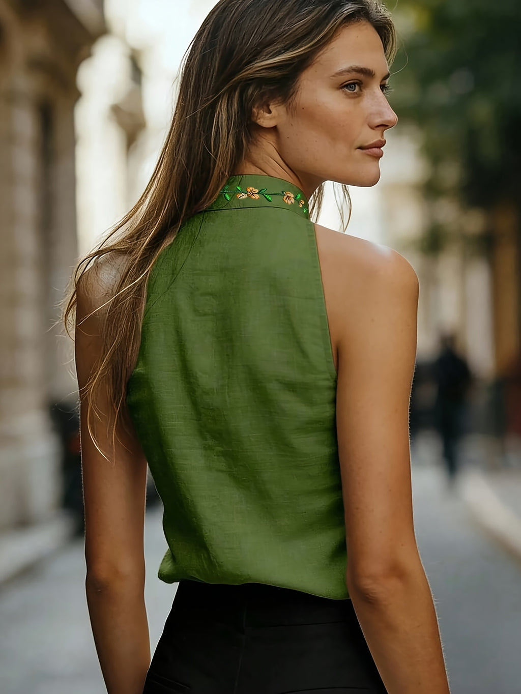 Women's Floral Embroidered Stand Collar Sleeveless Blouse, Embroidered Top, Elegant Summer Outfit, Office and Commuting Attire, Pretty Blouse, Casual Elegance, Shirt - Green