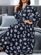 2026 Spring/Summer Women's All-Over Print Loose Fit Maxi Dress with Belt for Vacation and Loungewear - Blue