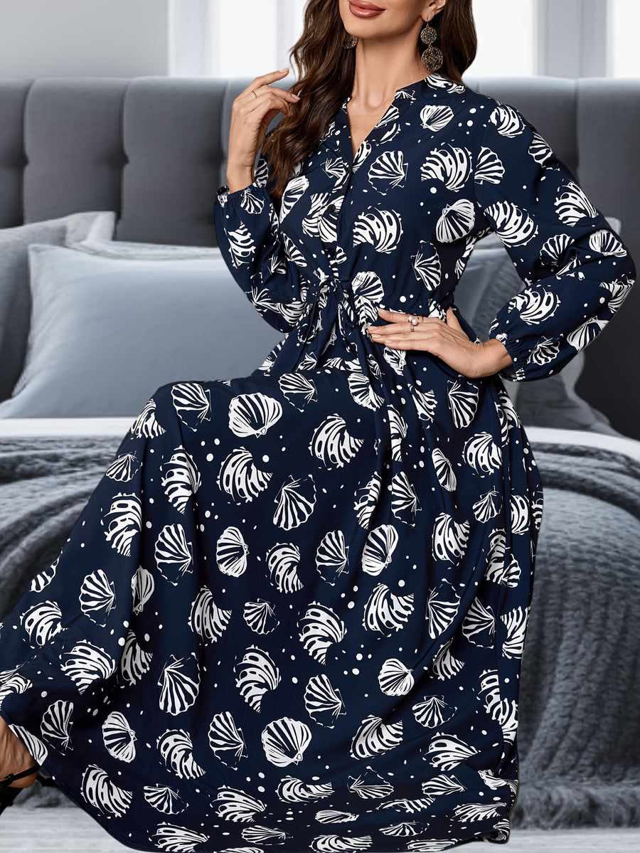 2026 Spring/Summer Women's All-Over Print Loose Fit Maxi Dress with Belt for Vacation and Loungewear - Blue