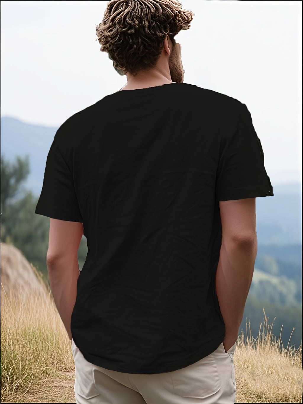 Men's Casual T-Shirt, Versatile Summer Short-Sleeve Top, Fashionable Solid Color Sweatshirt, Crew Neck with Drawstring Design - Lightweight and Breathable, Machine Washable, Suitable for Daily Wear and Outdoor Leisure - Black
