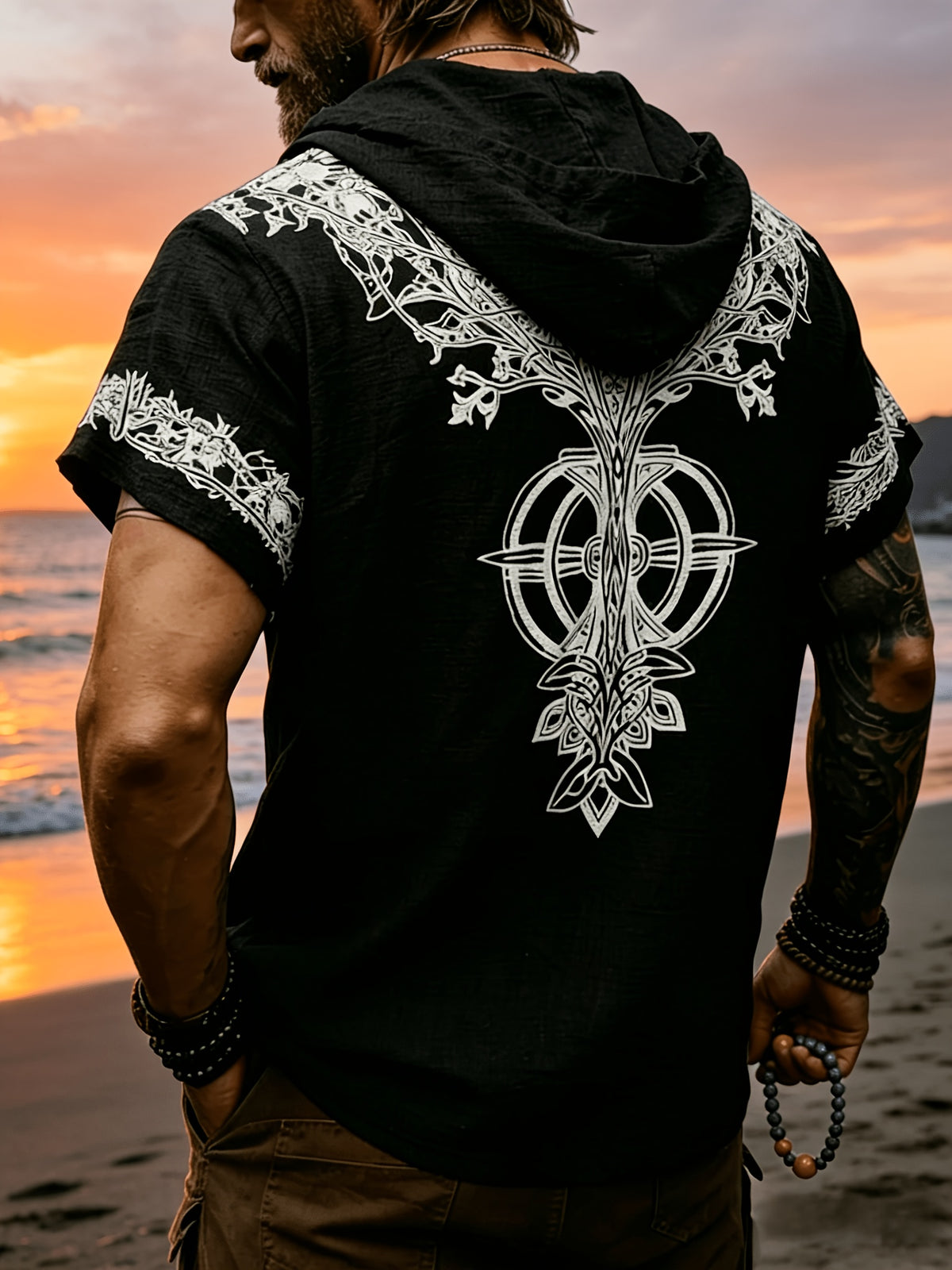 Western Retro Men'S Hooded Short Sleeve Shirt Thin Breathable Totem Print Half-Button Loose Casual Beach Vacation Men'S Clothing - Black
