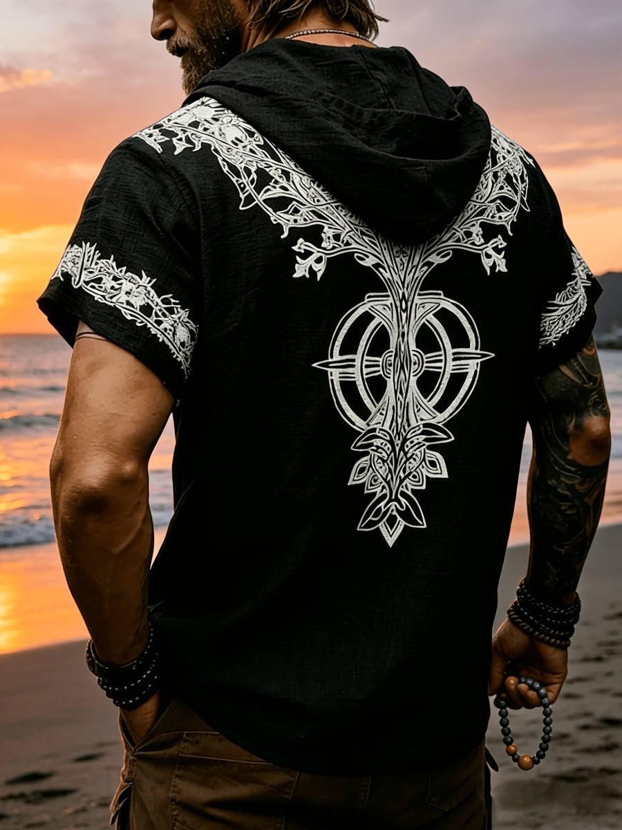 Western Retro Men'S Hooded Short Sleeve Shirt Thin Breathable Totem Print Half-Button Loose Casual Beach Vacation Men'S Clothing - Black