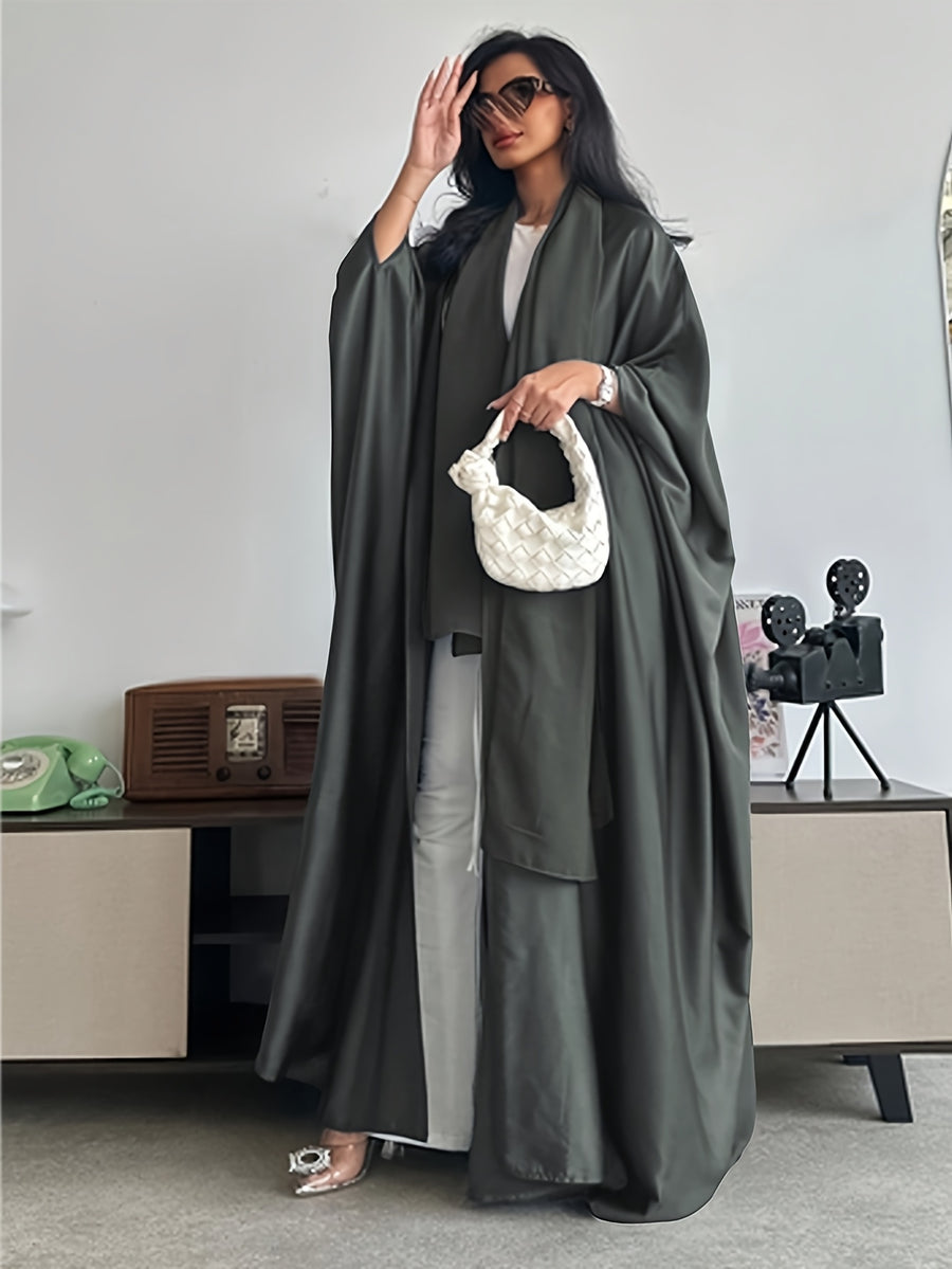 Middle Eastern Muslim Solid Color Loose Robe with Batwing Sleeves, Long Dubai Cardigan with Headscarf - Space Gray