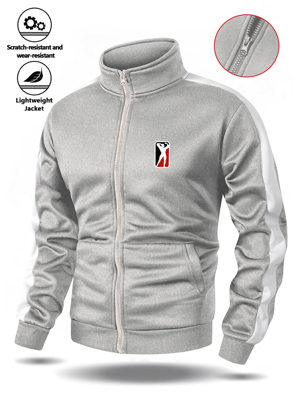 Spring/Autumn Men'S Stand-Up Collar Zip-Up Casual Jacket, Contrast Striped Sleeve Design Adds Layering, Chest Athletic Figure Print Easy And Energetic. Fabric Is Soft And Flowing, Non-Stuffy, Fit Various Body Types, Suitable for Sports, Commuting - Grey