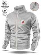 Spring/Autumn Men'S Stand-Up Collar Zip-Up Casual Jacket, Contrast Striped Sleeve Design Adds Layering, Chest Athletic Figure Print Easy And Energetic. Fabric Is Soft And Flowing, Non-Stuffy, Fit Various Body Types, Suitable for Sports, Commuting - Grey