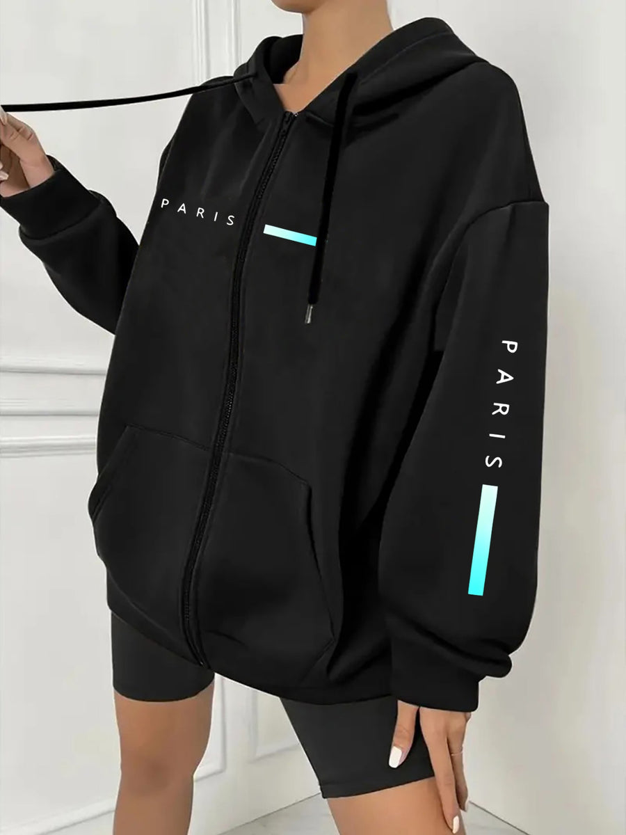 Plus Size - Plus Size - Plus Size Women'S Casual Autumn And Winter Letter Print Sweatshirt, Long Sleeve Pocket Hooded Zip Jacket, Women'S, Hoodie - Black