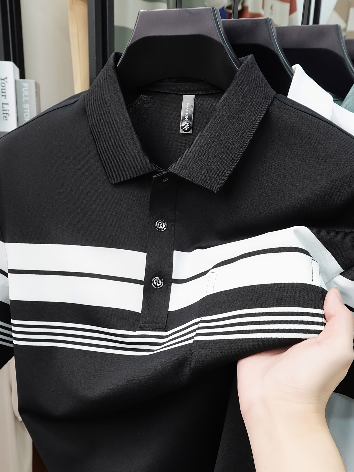 New Summer Men's Short-Sleeve T-Shirt, Wrinkle-Free Striped Loose-Fit Polo Shirt, Stylish and Versatile Casual Dad Fit Thin Shirt 26659 - Black