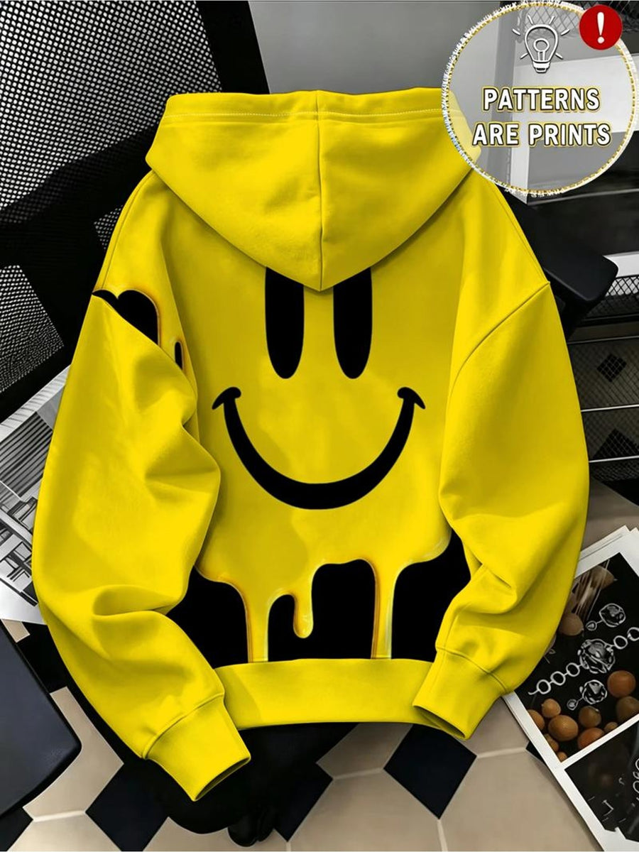 Bright Yellow Melting Smiling Face Trendy Individual Full-Size Print Zipper Hooded Sweatshirt Fun Street Casual Loose Long-Sleeve Cardigan Jacket - Mixed colors