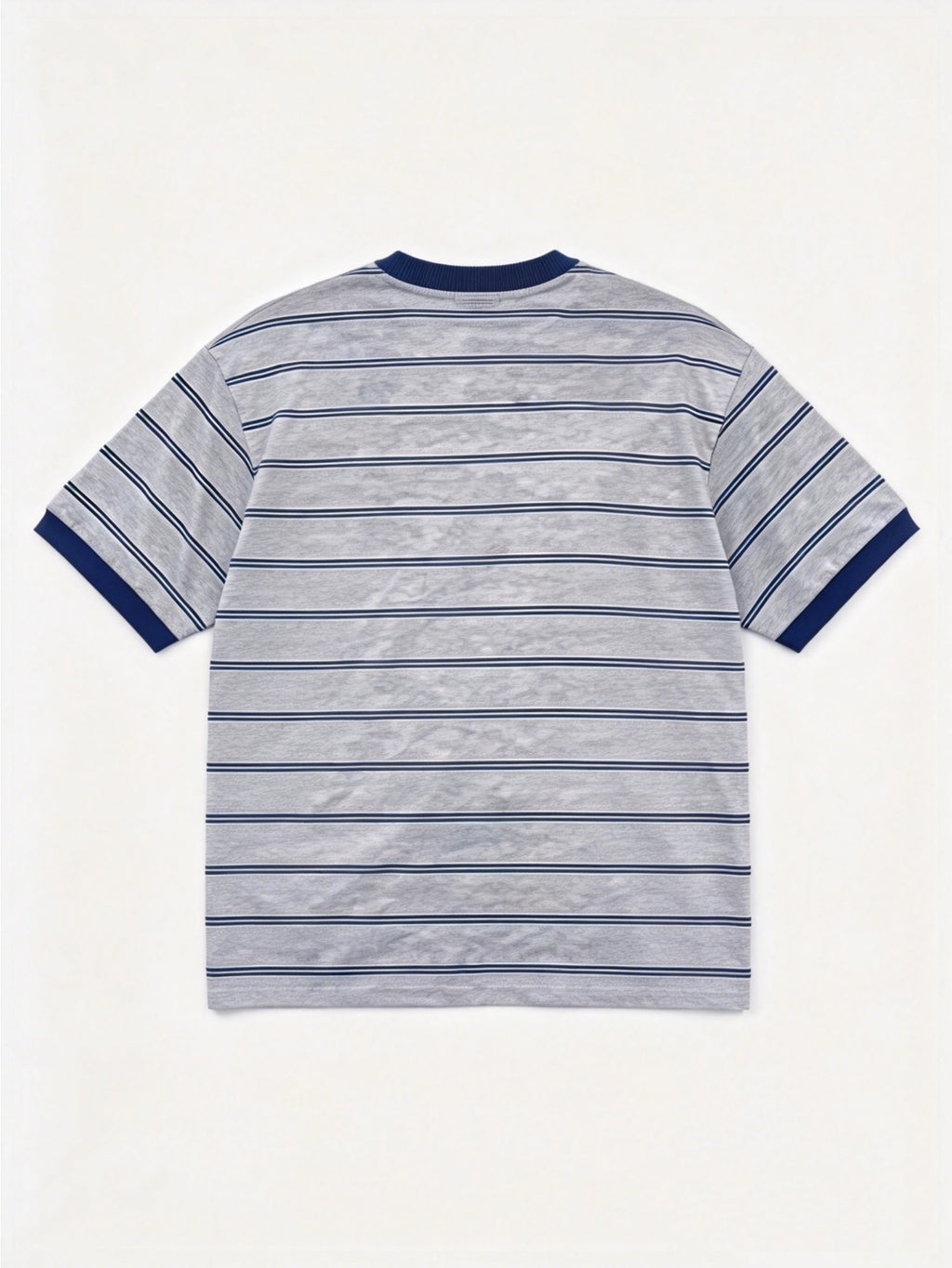 Men's American Vintage Short-Sleeve T-Shirt - Gray & Navy Striped Hem, Contrast Ribbed Crew Neck & Sleeves, Suitable for Campus, Streetwear, Daily Commuting - Machine Washable Casual Summer Top for College Style and Versatile Wear - Mixed colors