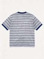 Men's American Vintage Short-Sleeve T-Shirt - Gray & Navy Striped Hem, Contrast Ribbed Crew Neck & Sleeves, Suitable for Campus, Streetwear, Daily Commuting - Machine Washable Casual Summer Top for College Style and Versatile Wear - Mixed colors