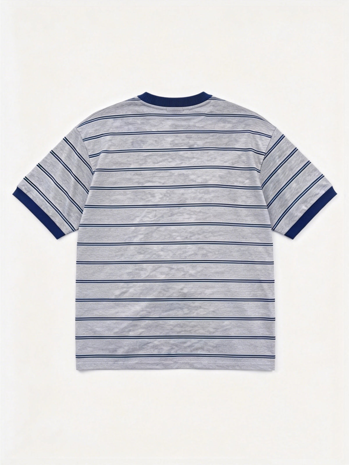 Men's American Vintage Short-Sleeve T-Shirt - Gray & Navy Striped Hem, Contrast Ribbed Crew Neck & Sleeves, Suitable for Campus, Streetwear, Daily Commuting - Machine Washable Casual Summer Top for College Style and Versatile Wear - Mixed colors
