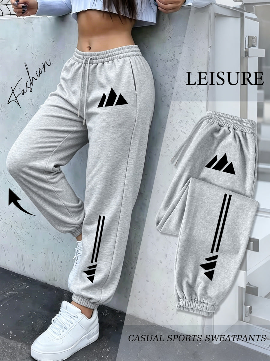 American High Street Style Mountain Triangle Geometric Three-Stripe Print Drawstring Ankle-Cinching Sweatpants for Women, Loose And, Jogging Pants, Soft And Comfortable, Non-Pilling, Versatile Casual Long Pants - Light Grey