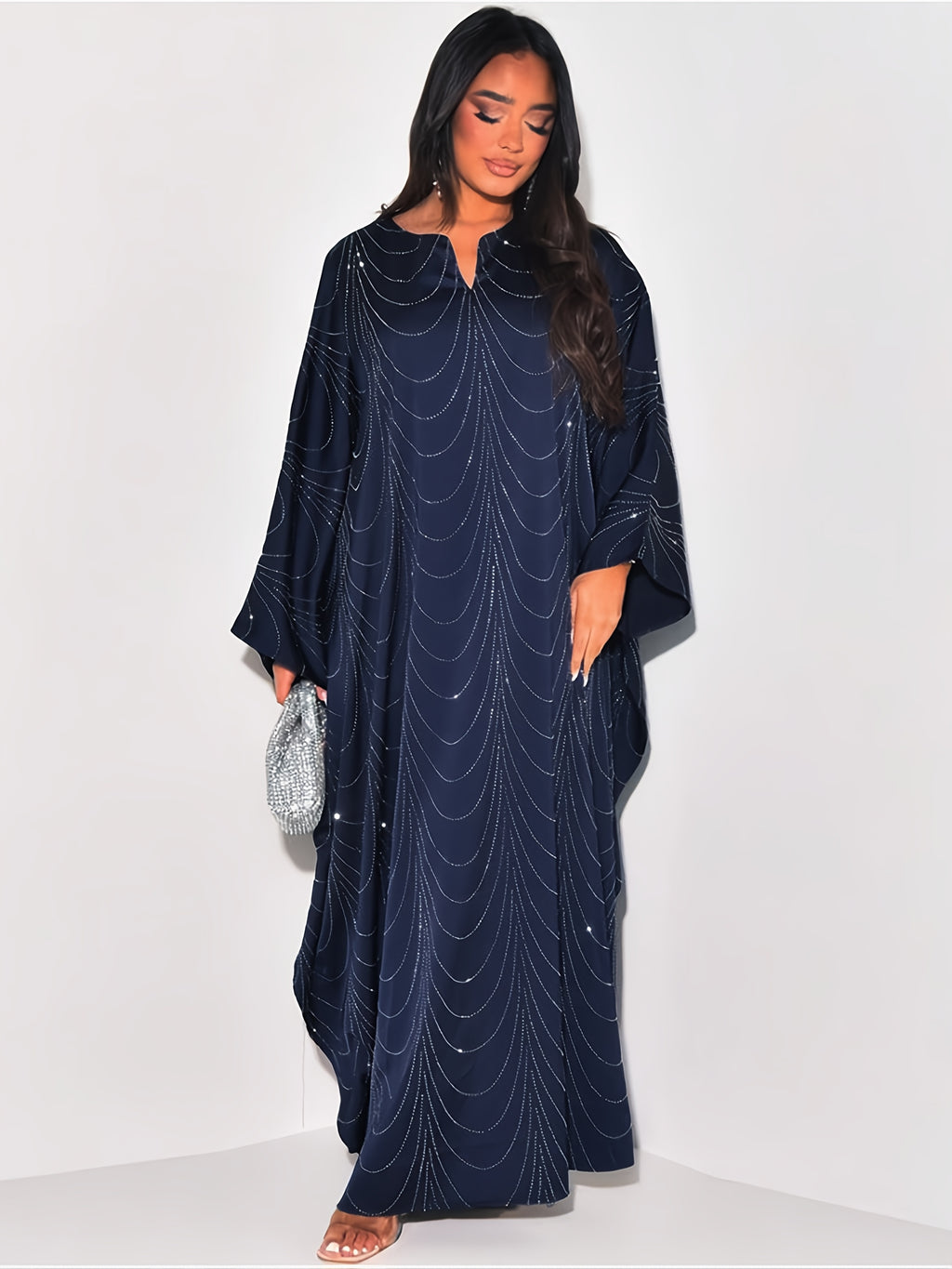 Ramadan Middle East Muslim New Women's Fashion Loose Rhinestone Batwing Sleeve Abaya Gown - Deep Blue