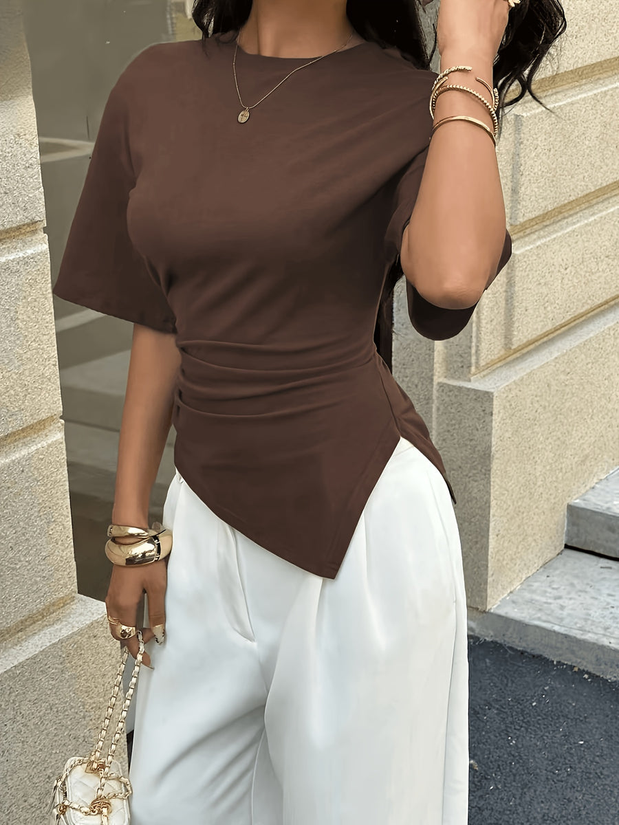 Women'S Casual Summer T-Shirt, Round Neck Mid-Waist Irregular Hem Versatile Commuter Style Women'S Top, Round Neck Short Sleeve Design, Waist Ruched Irregular Hem, Waist-Cinching Fit, Easy Commuter Style, Waist-Defining Design - Coffee Color