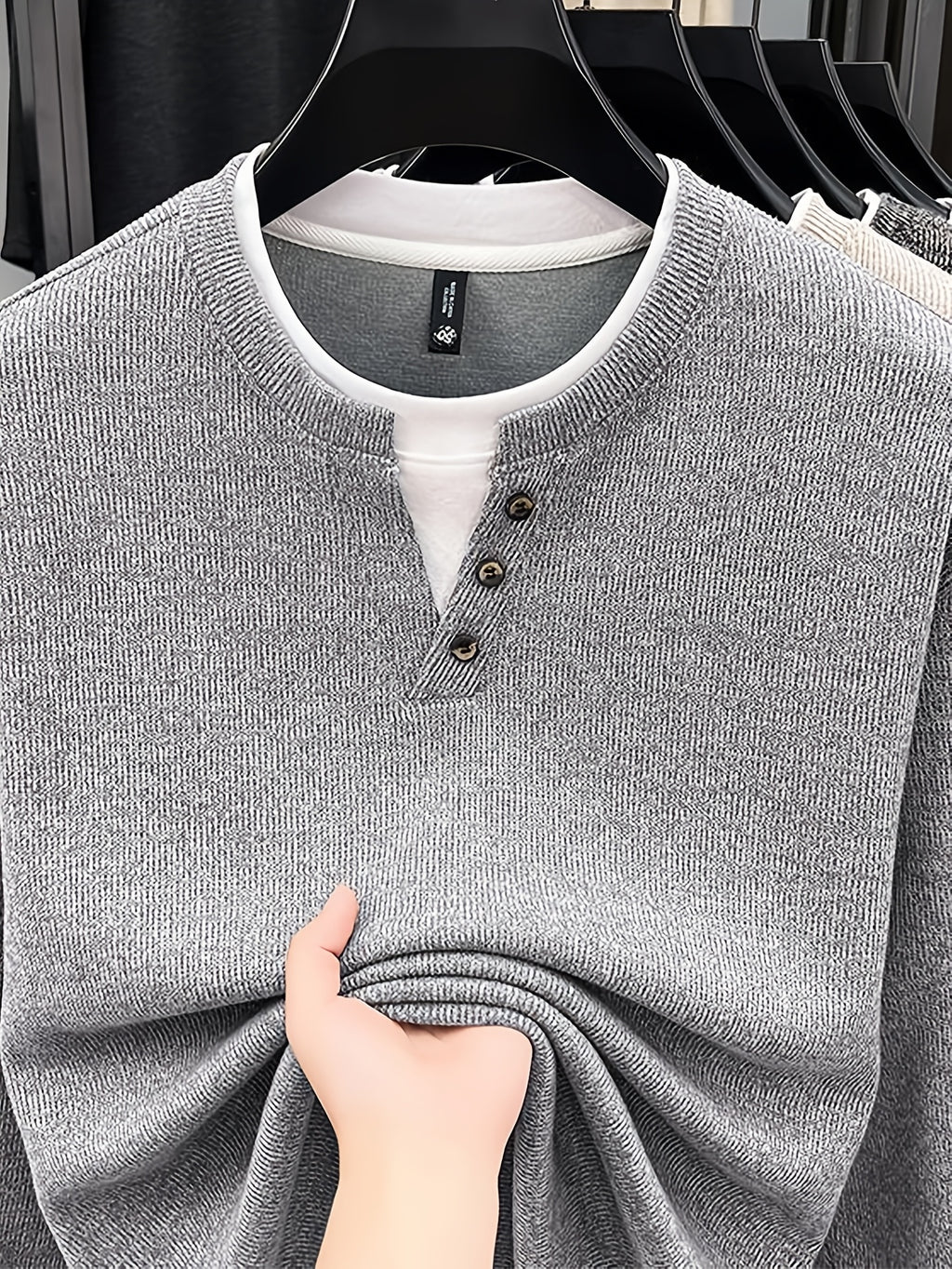 Autumn/Winter New V-Neck Button Design Color-Blocked Spliced Crew Neck Men's Sweater, Thickened Warm Versatile Casual Knitwear, Skin-Friendly and Comfortable, Durable and Breathable Pullover Men's Top BD26806 - Light Grey