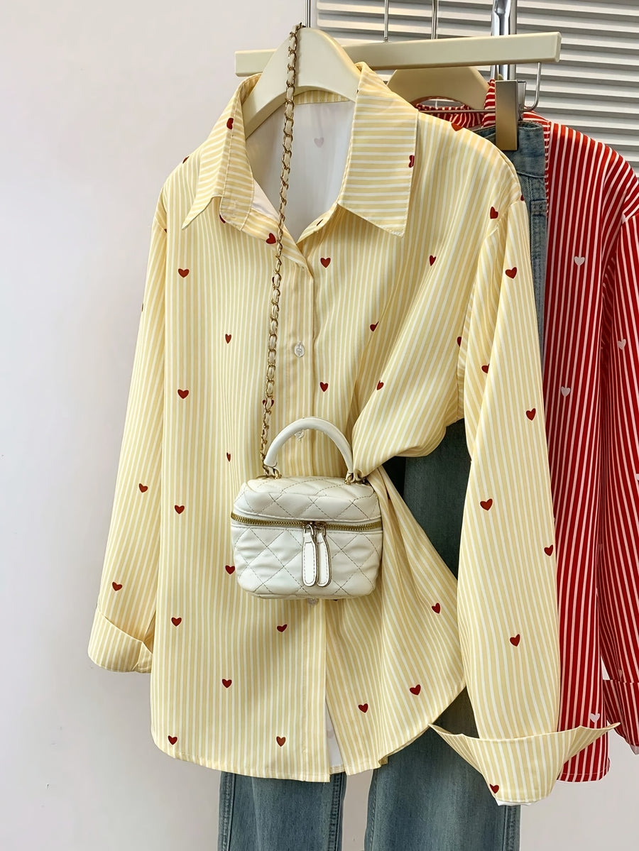 Women'S Heart Print Polo Collar Striped Shirt - Casual Collared Long Sleeve Blouse, Perfect for Spring Summer Fall Casual Wear - Yellow
