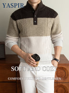 Autumn Winter Men'S High Neck Henley Long Sleeve Pullover Sweater Thick Heavyweight Style, Color-Block Jacquard Design, Casual Elegant Old Money Style, Warm And Cold-Resistant, Suitable for Daily Leisure Sports Outdoor Camping Fishing Wear, Knit - Coffee Color