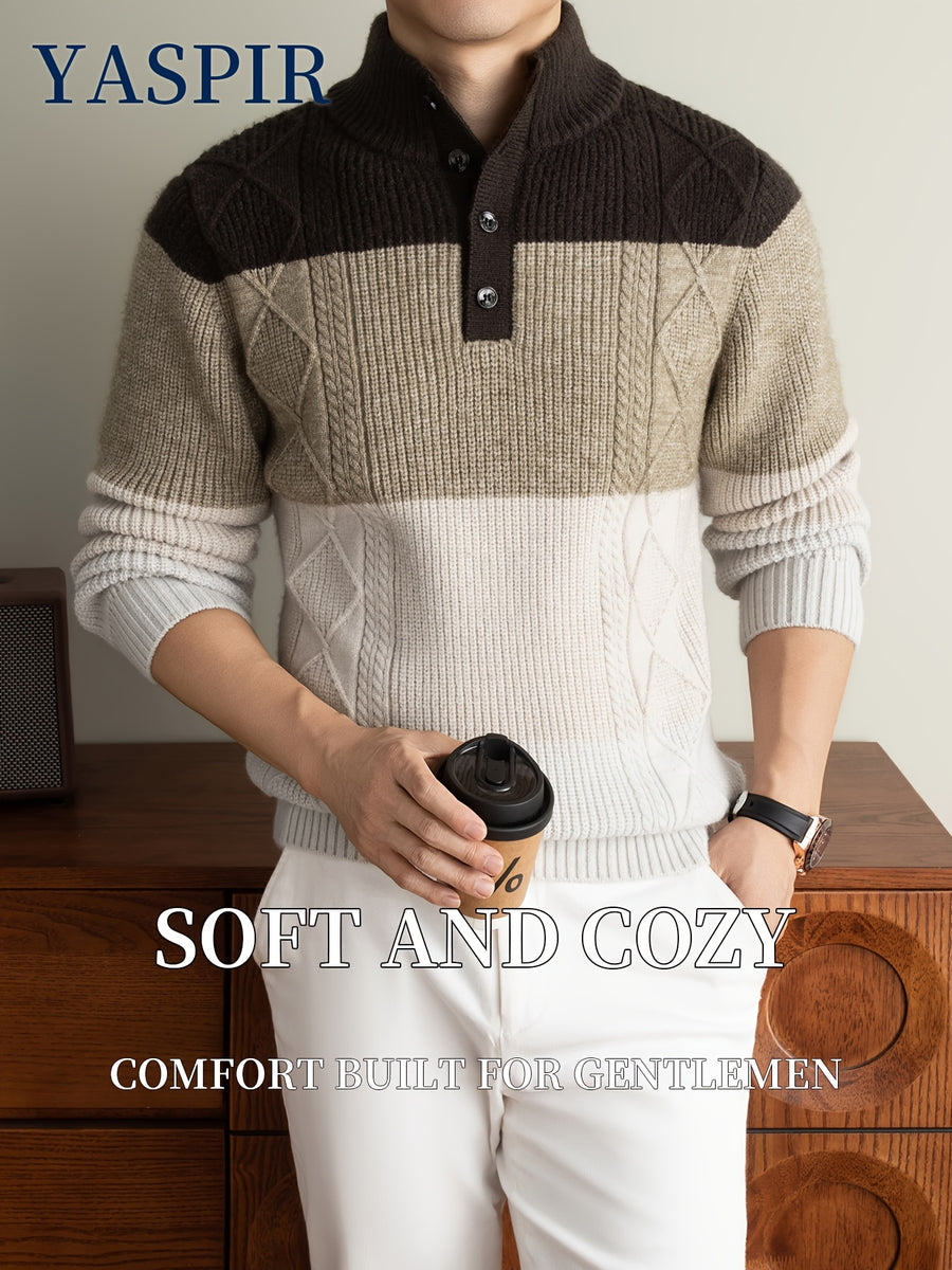 Autumn Winter Men'S High Neck Henley Long Sleeve Pullover Sweater Thick Heavyweight Style, Color-Block Jacquard Design, Casual Elegant Old Money Style, Warm And Cold-Resistant, Suitable for Daily Leisure Sports Outdoor Camping Fishing Wear, Knit - Coffee Color