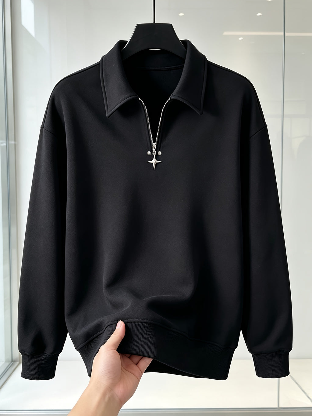 Men'S Sweatshirt, Korean Old Money Style Metallic Half-Zipper Stand-Up Collar Sweatshirt, Trendy Casual Versatile Easy Long Sleeve Top for Spring Fall - Black