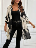 Women's New Spring/Summer Floral Print Roll-Up Sleeve Loose Fit Mid-Length Shirt with Front Buttons, a Stylish and Elegant Everyday Black Floral Print Commuter Versatile Casual Top, Suitable for Travel, Vacation, Office, and Daily Wear - Black