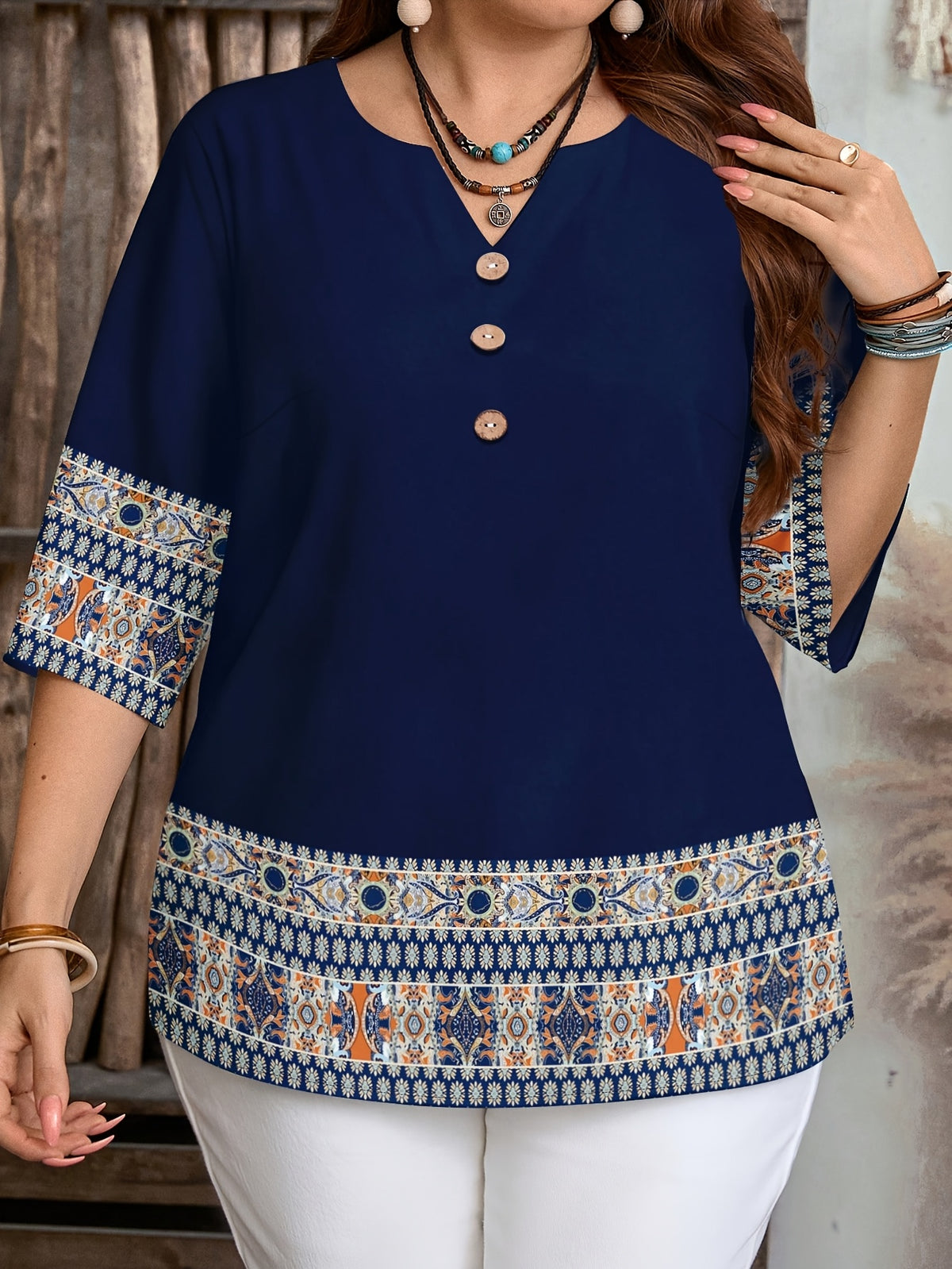 Women's Elegant Striped Print Shirt with Three-Button V-Neck Pullover, Spring/Summer Casual Loose Blouse Top - Blue