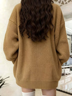 Button Front Cardigan With Patched Pocket, Casual V Neck Solid Color Ribbed Drop Shoulder Cardigan For Fall & Winter, Women's Clothing - Yellowish-brown