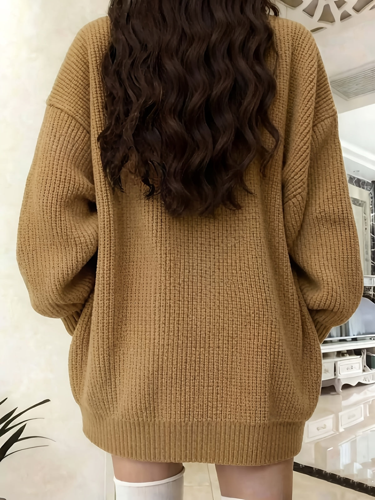 Button Front Cardigan With Patched Pocket, Casual V Neck Solid Color Ribbed Drop Shoulder Cardigan For Fall & Winter, Women's Clothing - Yellowish-brown