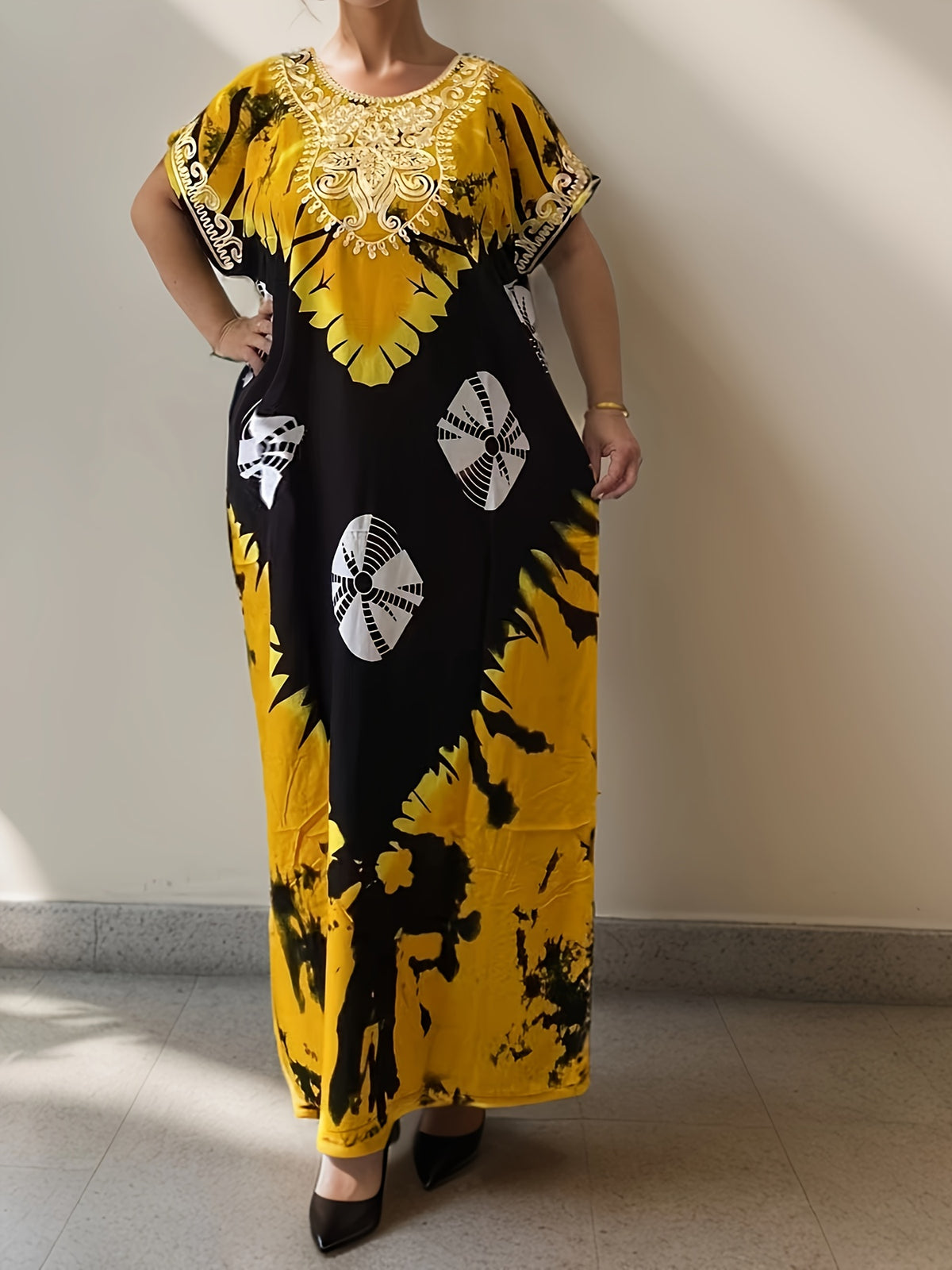 Plus-Size Floral Print Kaftan Dress for Ramadan, Elegant Round-Neck Short-Sleeve Gown for Middle Eastern Women, Women'S Plus-Size Clothing - ginger-colored