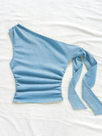 Sexy Asymmetrical Tie-Front Flowy Casual Slim-Fit Solid Color Women'S One-Shoulder Top for Spring And Autumn, Perfect for Parties, Vacations, Music Festivals, Bohemian Style, Holiday Dates, And Afternoon Tea - YTD Cherry - Peacock Blue