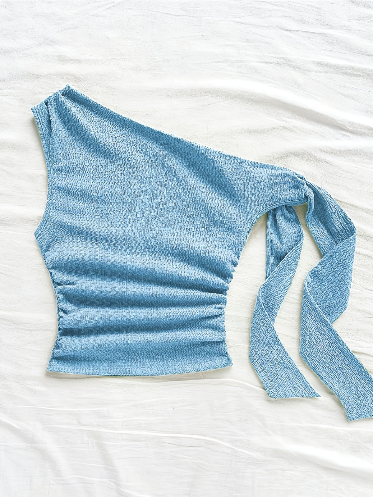 Sexy Asymmetrical Tie-Front Flowy Casual Slim-Fit Solid Color Women'S One-Shoulder Top for Spring And Autumn, Perfect for Parties, Vacations, Music Festivals, Bohemian Style, Holiday Dates, And Afternoon Tea - YTD Cherry - Peacock Blue
