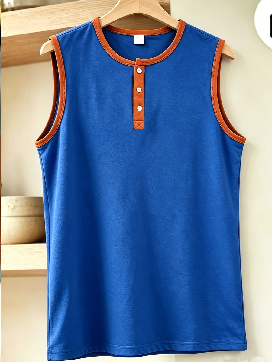 Men's Three-Button Henley Collar Sleeveless Vest with Contrast Binding, Round Neck, Summer Solid Color Casual Sportswear Top - Blue